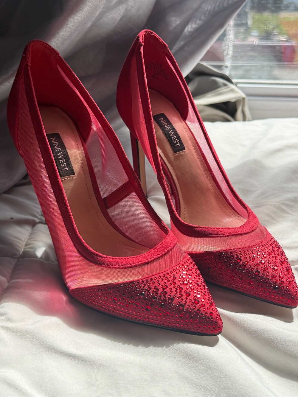 Nine West Red Mesh & Crystal Pointed-Toe Heels